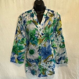 F-39 Alfred Dunner PLUS‎ SIZE 14 Blue Green & White Floral 3/4 Sleeve Blouse